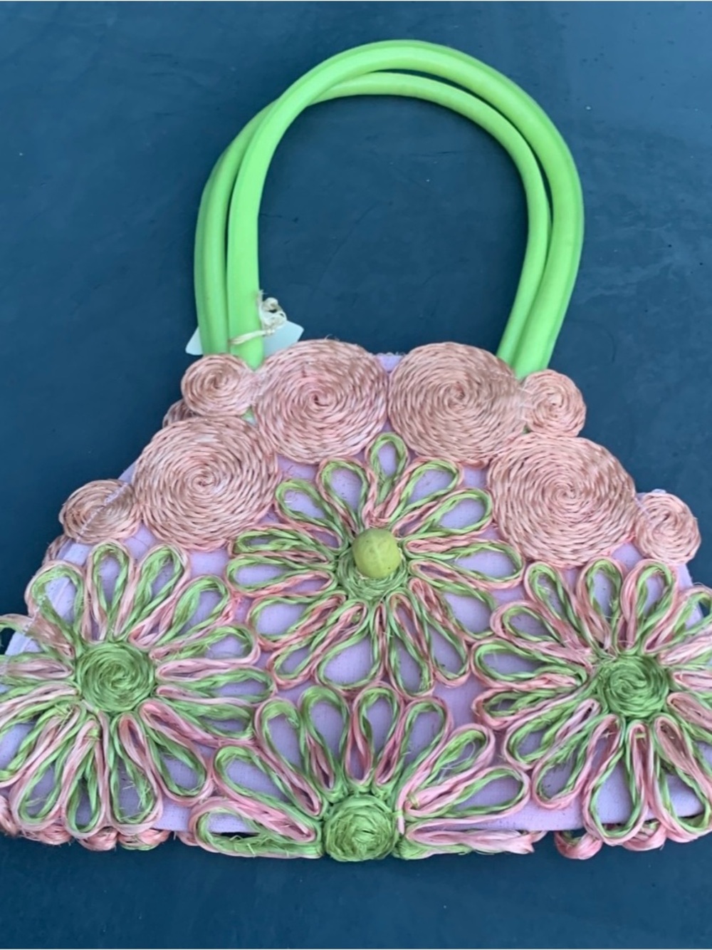 Vintage 1960s 1970s Raffia Straw Flower Purse Pink Green Boho Daisy Handbag